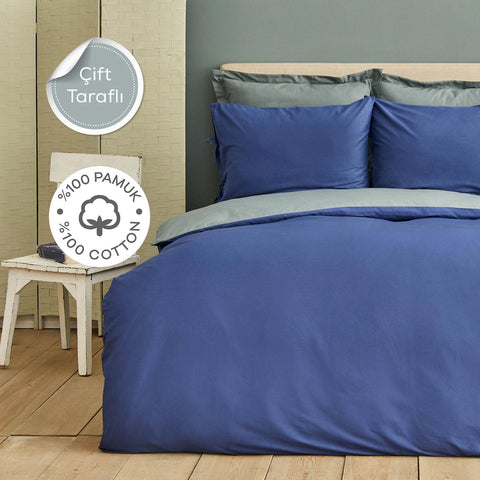 Karaca Home Ensemble de Literie Réversible Basic Gris Indigo Pour lit Double