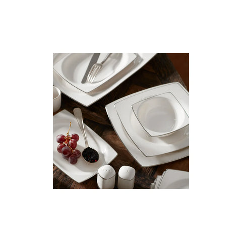 Service de table Karaca Talia pour 12 personnes, 60 pièces carrées/rectangulaires, couleur crème et platine