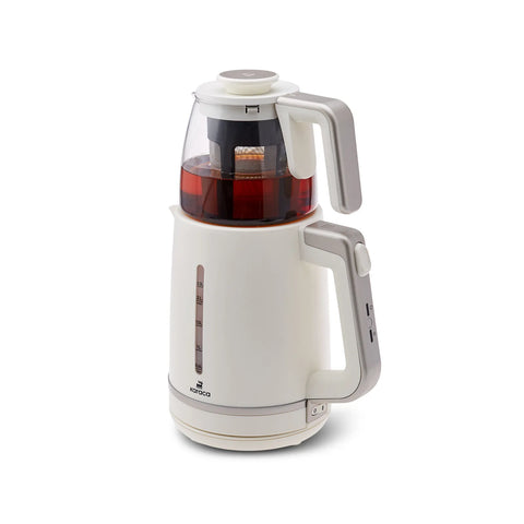 Théière en verre avec panier et bouilloire Karaca Maxi Tea XL 2 en 1, couleur mûre blanche