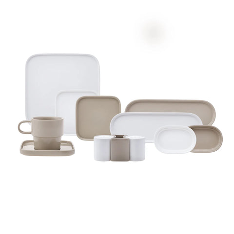 Service Petit Déjeuner Karaca Cubique en porcelaine pour 6 personnes, 35 pièces carrées/rectangulaires, gris