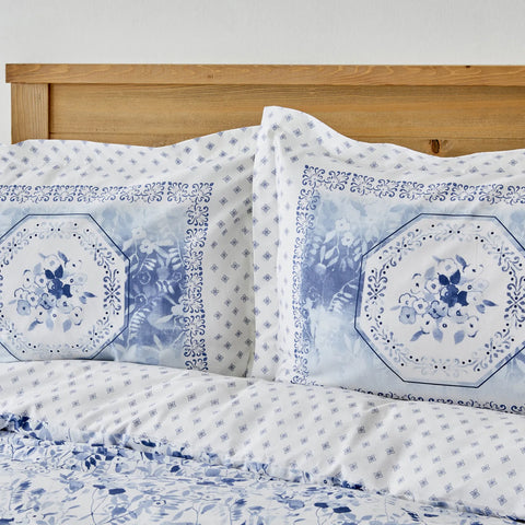 Parure de lit Karaca Home Amelia avec drap housse élastique et housse de couette 100 % coton pour lit simple, bleu