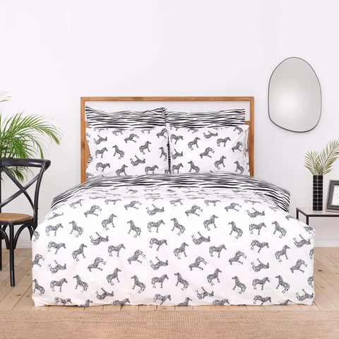 Parure de lit Sarah Anderson Zebra avec taies d’oreiller et housse de couette 100 % coton pour lit double, noir