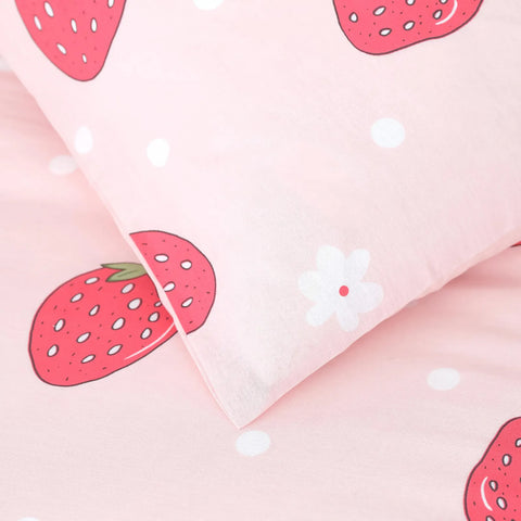 Parure de lit Sarah Anderson Strawberry avec taies d’oreiller et housse de couette 100 % coton pour lit double, rose