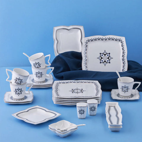 Service pour le petit-déjeuner Karaca New en porcelaine pour 6 personnes, 32 pièces, bleu