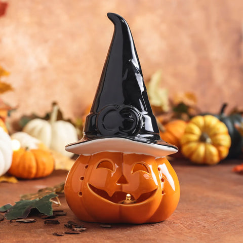 Bougie à réchaud à led Karaca Halloween Citrouille, 24cm, noir orange, céramique 