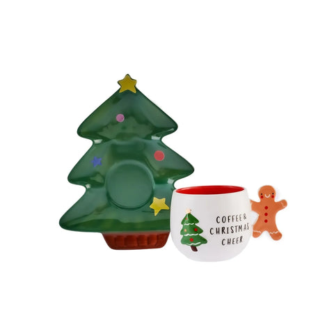 Tasse à thé et soucoupe Karaca Noël 2 pièces, 180 ml, blanc vert, porcelaine 