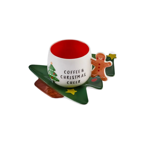 Tasse à thé et soucoupe Karaca Noël 2 pièces, 180 ml, blanc vert, porcelaine 