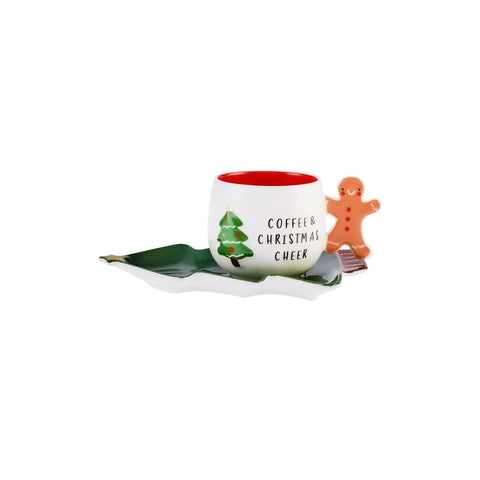 Tasse à thé et soucoupe Karaca Noël 2 pièces, 180 ml, blanc vert, porcelaine 