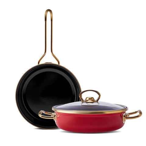 Set poêle et poêle à frire plate Karaca Retro avec couvercle, émaillé, rouge