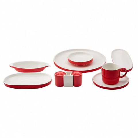 Service Petit Déjeuner Karaca Nordic pour 6 personnes, 27 pièces, en porcelaine, rouge