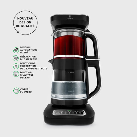 Théière Bouilloire et cafetière filtre Karaca Caysever Robotea Pro 4 en 1 automatique parlant, 2500W, noir chromé