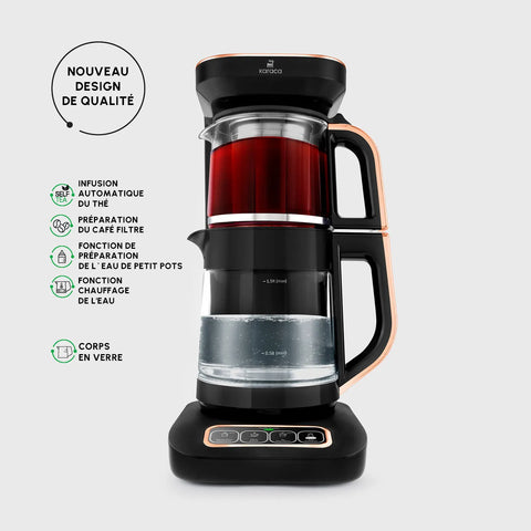 Théière Bouilloire et cafetière filtre Karaca Caysever Robotea Pro 4 en 1 automatique parlant, 2500W, cuivre noir