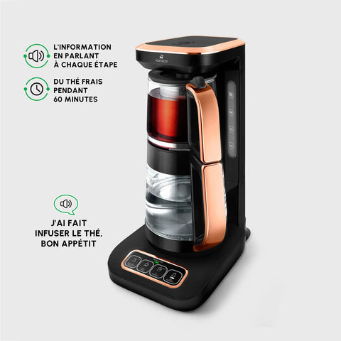 Théière Bouilloire et cafetière filtre Karaca Caysever Robotea Pro 4 en 1 automatique parlant, 2500W, cuivre noir