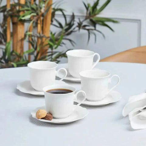 Coffret de tasses à thé et soucoupes Karaca Daisy pour 4 personnes, 8 pièces, New Generation Bone, blanc, 260 ml