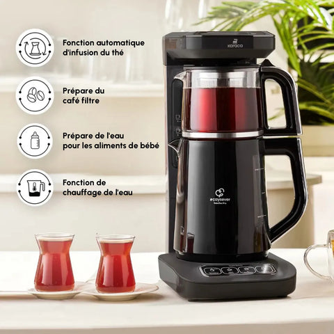 Théière Bouilloire et cafetière filtre Karaca Caysever Robotea Pro 4 en 1 automatique parlant, 2500W, chrome