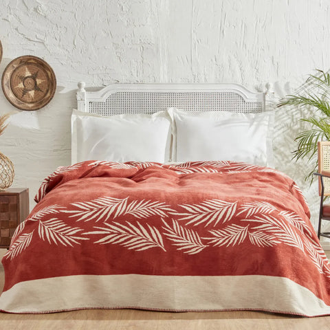 Couverture en Coton Karaca Home Leaf pour Lit Double, Terracotta