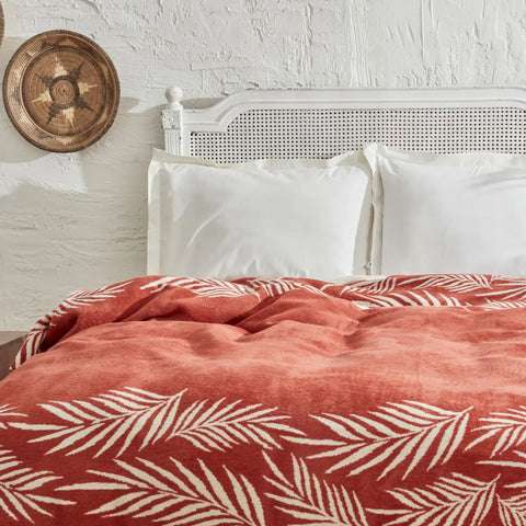 Couverture en Coton Karaca Home Leaf pour Lit Double, Terracotta